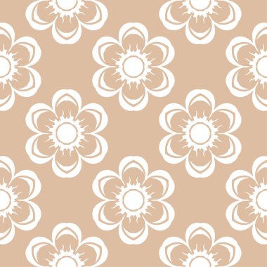 Bej renkli arka plan üzerinde beyaz çiçek süsleme. Tekstil ve duvar kağıtları için seamless modeli