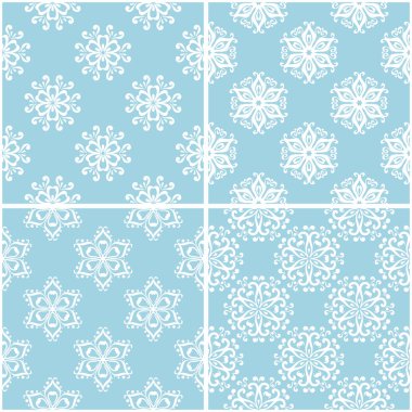 Çiçek desenleri. Mavi ve beyaz sorunsuz arka planlar kümesi. Vektör çizim