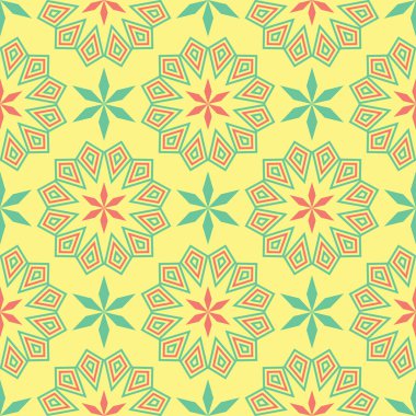 Geometrik seamless modeli. Sarı arka plan duvar kağıtları, Tekstil ve kumaş için pembe ve yeşil tasarım ile