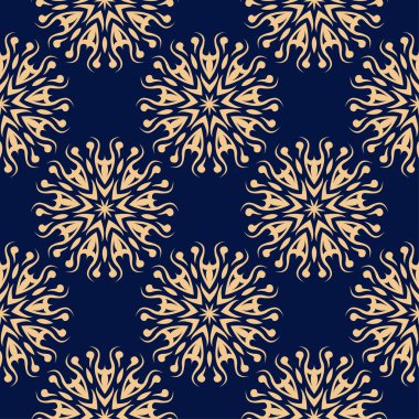 Koyu mavi zemin üzerine altın çiçek süsleme. Tekstil ve duvar kağıtları için seamless modeli
