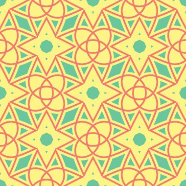 Geometrik şekilli elemanları ile sorunsuz arka plan. Parlak sarı arka plan duvar kağıtları, Tekstil ve kumaş için pembe ve yeşil tasarım ile