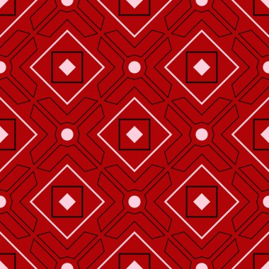 Kırmızı sorunsuz bir arka plan siyah ve beyaz geometrik desenli. Tekstil ve duvar kağıtları için