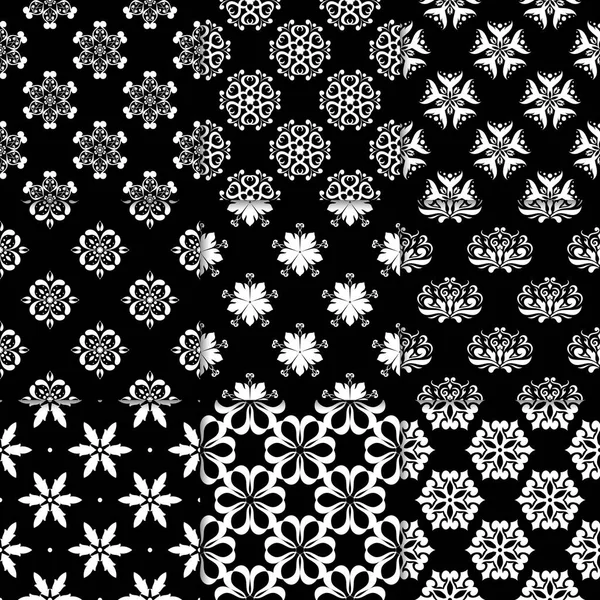 Чорно Білі Квіткові Прикраси Збірка Монохромних Безшовних Візерунків Паперу Текстилю — стоковий вектор