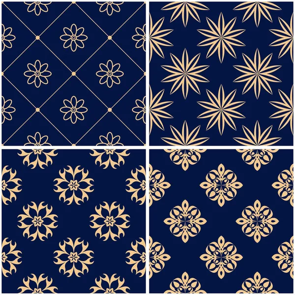 Çiçek desenleri. Altın mavi sorunsuz arka planlar kümesi. Vektör illustraton