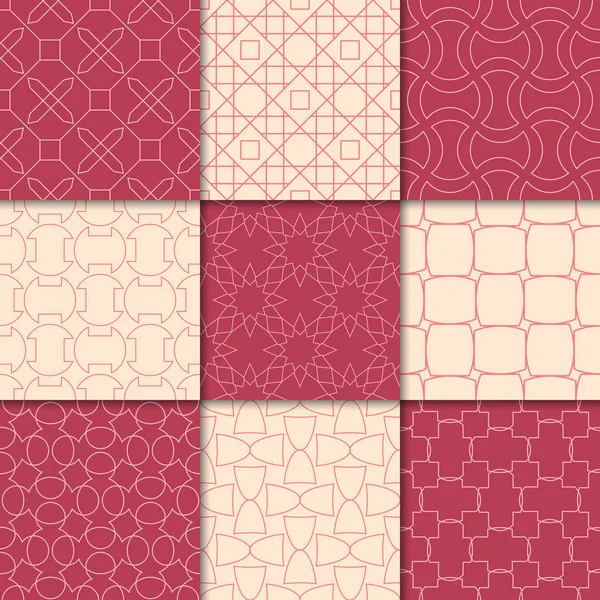 Kiraz kırmızı ve bej geometrik süsler. Web, Tekstil ve duvar kağıtları için dikişsiz desen koleksiyonu