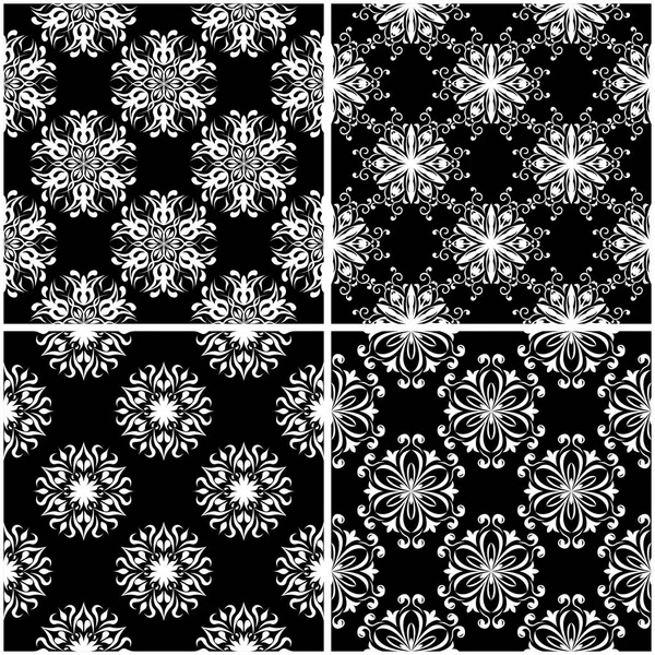 Çiçek desenleri. Siyah beyaz tek renkli kesintisiz arka planlar kümesi. Vektör çizim