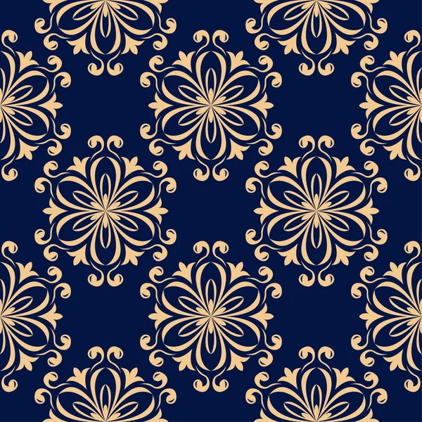 Gouden Bloemdessin Donker Blauwe Achtergrond Naadloze Patroon Voor Textiel Wallpapers — Stockvector