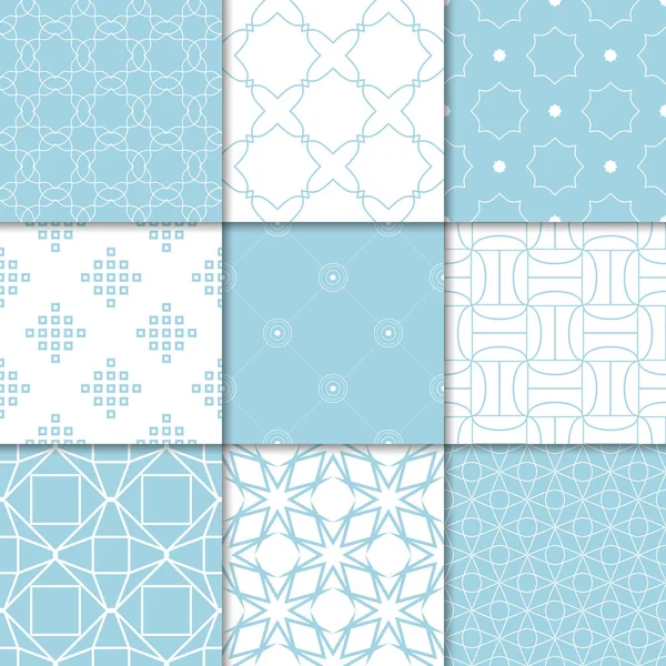 Синие Белые Геометрические Орнаменты Коллекция Бесшовных Шаблонов Веб Текстиля Обоев — стоковый вектор