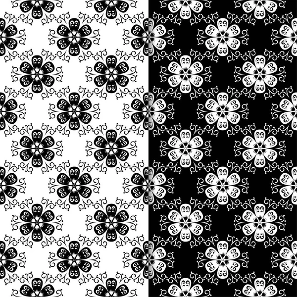 Siyah ve beyaz çiçek arka planlar. Tekstil ve duvar kağıtları için dikişsiz desen seti