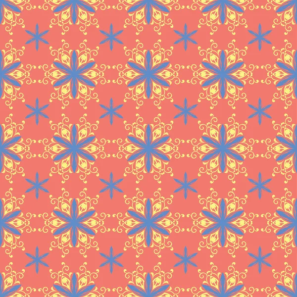 Çiçek seamless modeli. Parlak pembe turuncu arka plan duvar kağıtları, Tekstil ve kumaş için sarı ve mavi çiçek öğeleri ile