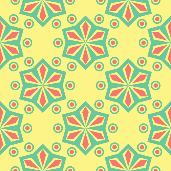 Geometrik şekilli elemanları ile sorunsuz arka plan. Parlak sarı arka plan duvar kağıtları, Tekstil ve kumaş için pembe ve yeşil tasarım ile