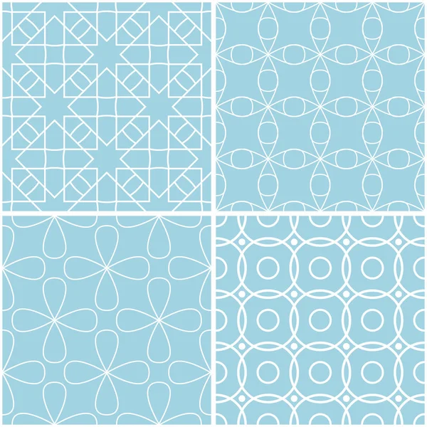 Geometrik desenler. Mavi ve beyaz sorunsuz arka planlar kümesi. Vektör çizim