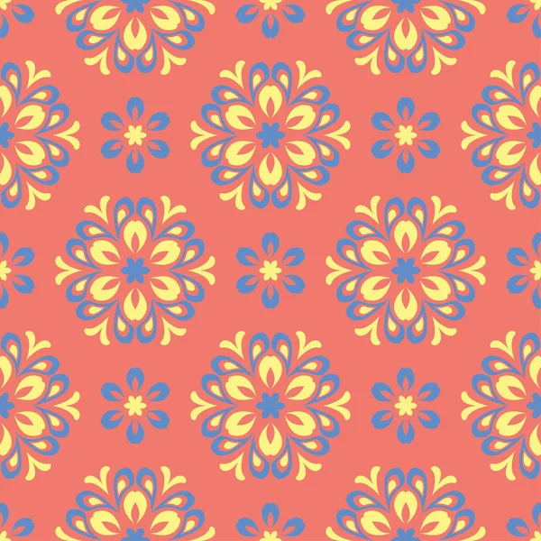 Çiçek tasarım seamless modeli. Duvar kağıtları ve kumaşlar için somon kırmızı zemin üzerine parlak sarı ve mavi çiçek öğeleri