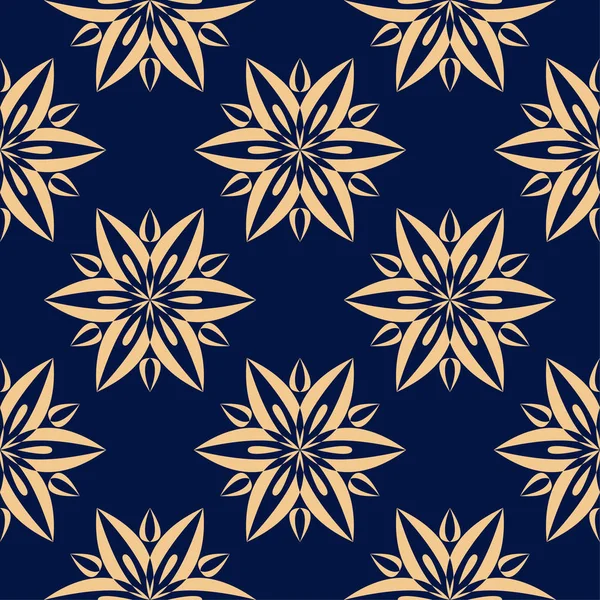 Χρυσά Λουλούδια Στολίδι Σκούρο Μπλε Φόντο Χωρίς Ραφή Πρότυπο Για — Διανυσματικό Αρχείο
