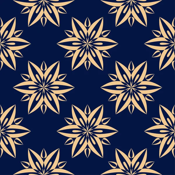 Adorno Floral Dorado Sobre Fondo Azul Oscuro Patrón Sin Costuras — Vector de stock