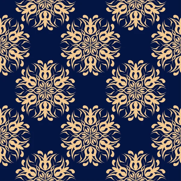 Koyu mavi zemin üzerine altın çiçek süsleme. Tekstil ve duvar kağıtları için seamless modeli