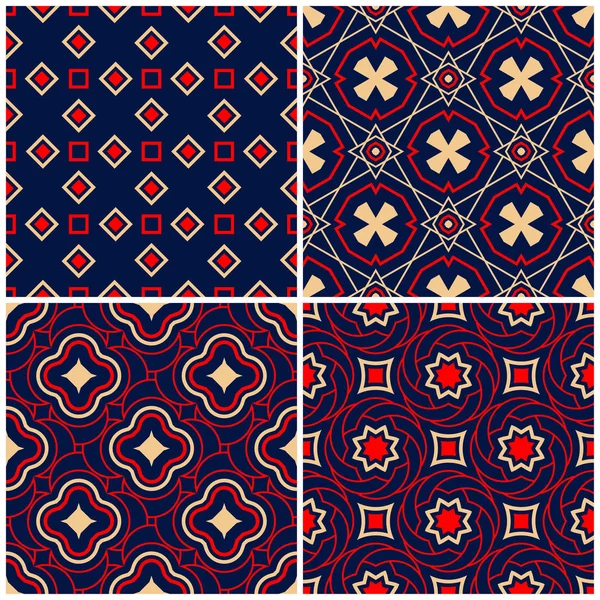 Sorunsuz arka planlar. Mavi klasik bej ve kırmızı duvar kağıtları, Tekstil ve kumaş için geometrik desenlerle ayarlar