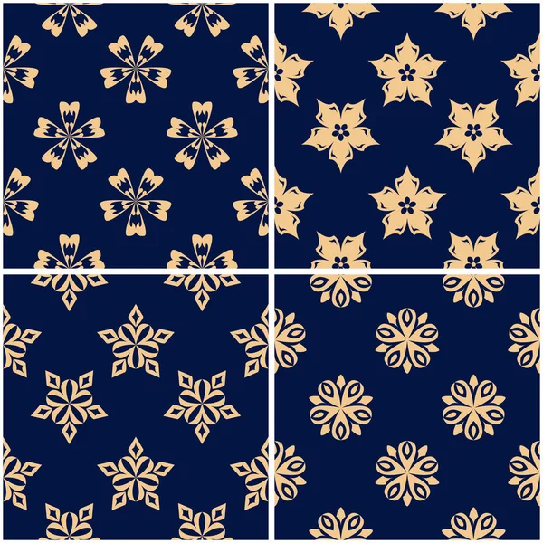 Çiçek desenleri. Altın mavi sorunsuz arka planlar kümesi. Vektör illustraton