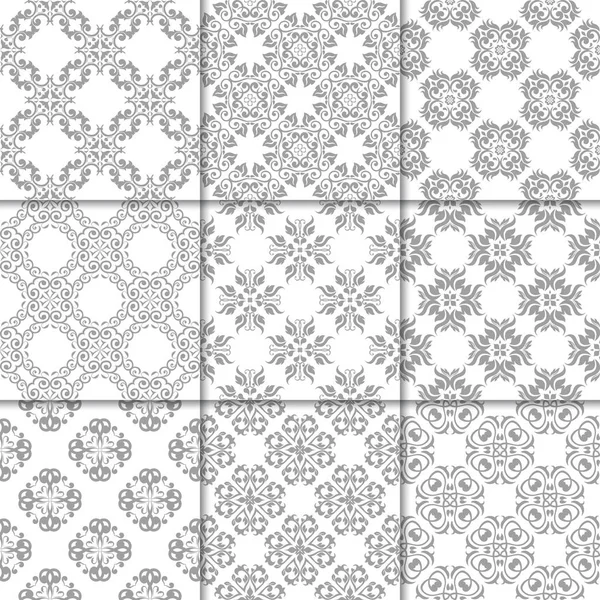 Šedé Bílé Květinové Ornamenty Sbírka Neutrální Bezešvé Vzory Pro Papír — Stockový vektor