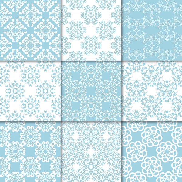 Mavi ve beyaz çiçekli süsler. Kağıt için dikişsiz desen koleksiyonu Tekstil