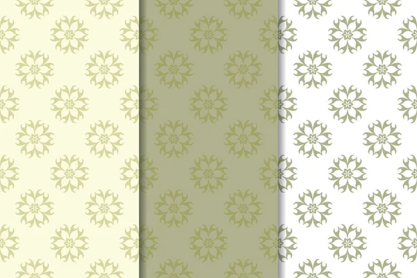 Zeytin yeşili ve beyaz çiçek arka planlar. Tekstil ve duvar kağıtları için dikişsiz desen seti