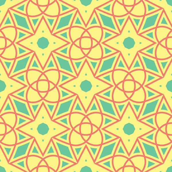 具有几何形状元素的无缝背景 明亮的黄色背景与粉红色和绿色设计壁纸 纺织品和织物 — 图库矢量图片