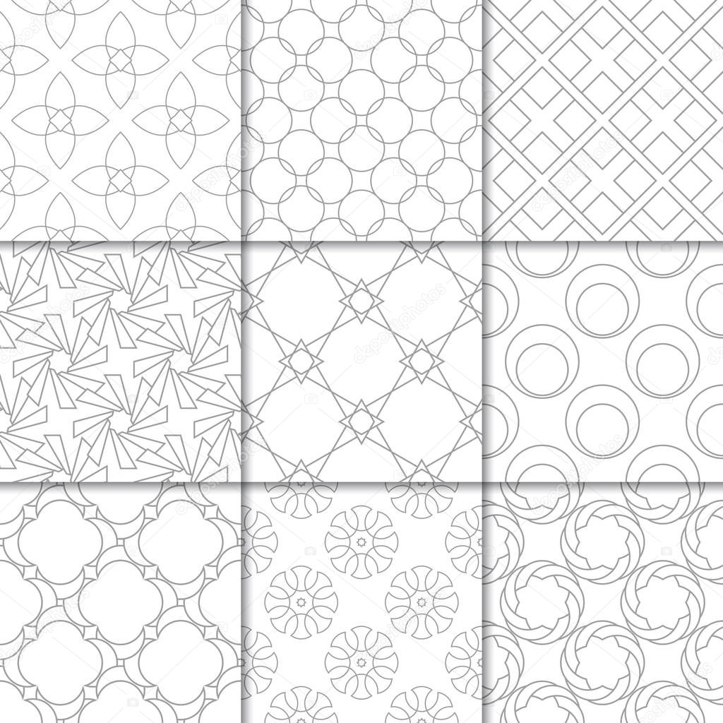 Light gray geometric ornaments. Collection of neutral seamless patterns for web, textile and wallpapers