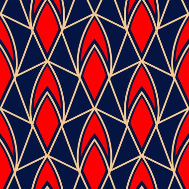Geometrik seamless modeli. Duvar kağıtları, Tekstil ve kumaş için mavi arka plan üzerinde renkli kırmızı ve bej tasarım