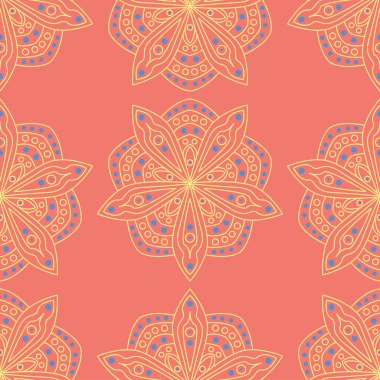 Çiçek tasarım seamless modeli. Duvar kağıtları ve Tekstil için somon kırmızı zemin üzerine parlak sarı ve mavi çiçek öğeleri