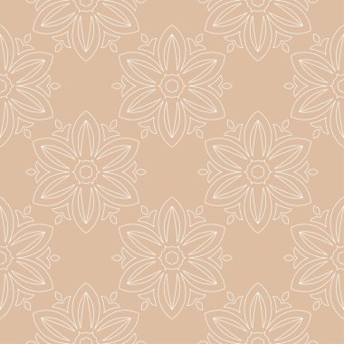 Bej sorunsuz arka plan üzerinde beyaz çiçek süsleme. Tekstil ve duvar kağıtları için seamless modeli