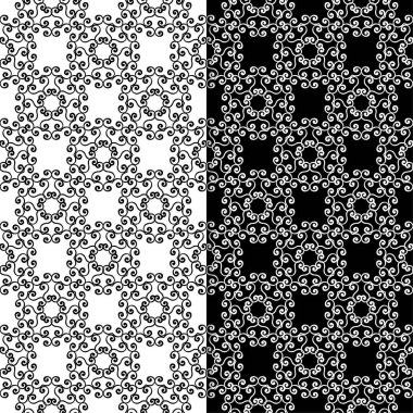 Siyah ve beyaz çiçekli süsler. Tekstil ve duvar kağıtları için sorunsuz arka planlar kümesi