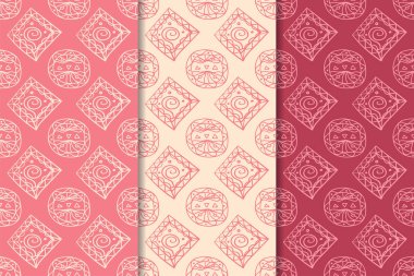 Kiraz kırmızısı geometrik süsler. Web, Tekstil ve duvar kağıtları için dikey Dikişsiz desen seti