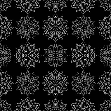 Siyah arka plan üzerine beyaz çiçek süsleme. Tekstil ve duvar kağıtları için seamless modeli