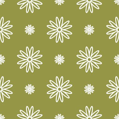 Zeytin yeşil zemin üzerine beyaz çiçek süsleme. Tekstil ve duvar kağıtları için seamless modeli
