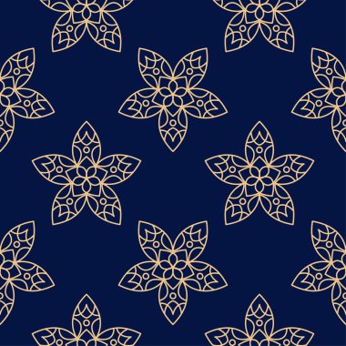Koyu mavi zemin üzerine altın çiçek süsleme. Tekstil ve duvar kağıtları için seamless modeli