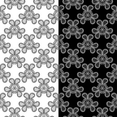 Siyah ve beyaz çiçekli süsler. Tekstil ve duvar kağıtları için sorunsuz arka planlar kümesi