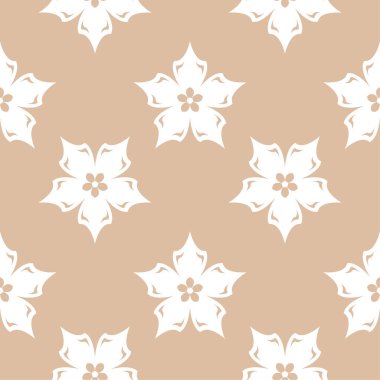 Bej renkli arka plan üzerinde beyaz çiçek tasarım. Tekstil ve duvar kağıtları için seamless modeli