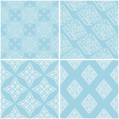 Geometrik desenler. Mavi ve beyaz sorunsuz arka planlar kümesi. Vektör çizim