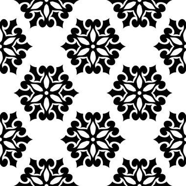 Beyaz arka planda siyah çiçek süsleme. Tekstil ve duvar kağıtları için seamless modeli