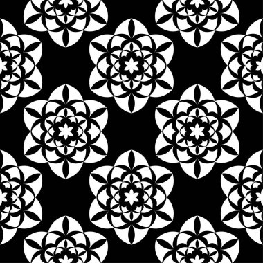 Siyah arka plan üzerine beyaz çiçekler. Tekstil ve duvar kağıtları için süs seamless modeli