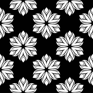 Siyah arka plan üzerine beyaz çiçek süsleme. Tekstil ve duvar kağıtları için seamless modeli