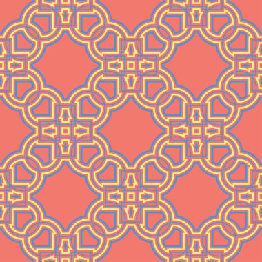 Geometrik seamless modeli. Parlak kırmızı bir arka plan duvar kağıtları, Tekstil ve kumaş için mavi ve sarı tasarımı ile