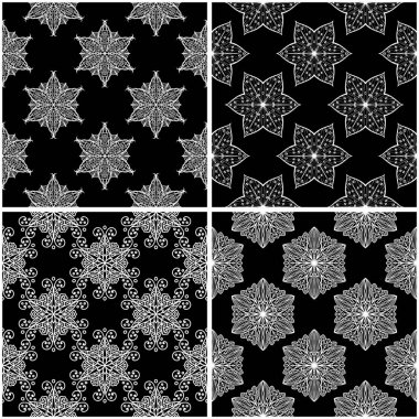 Çiçek desenleri. Siyah beyaz tek renkli kesintisiz arka planlar kümesi. Vektör çizim