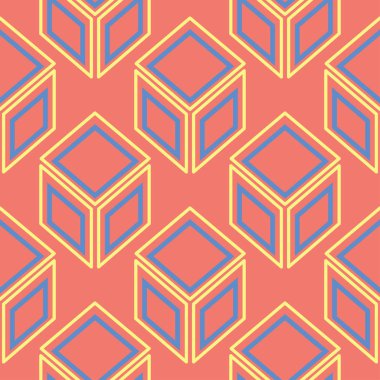 Geometrik seamless modeli. Parlak kırmızı bir arka plan duvar kağıtları, Tekstil ve kumaş için mavi ve sarı tasarımı ile