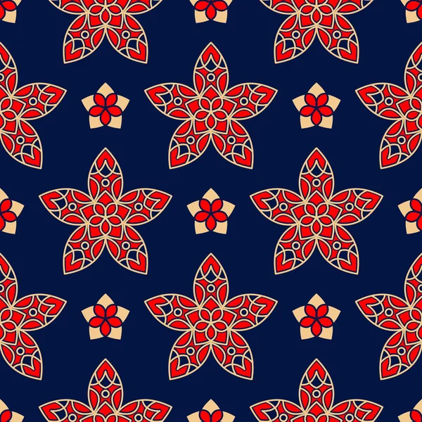 Modré Bezešvé Pozadí Květinový Vzor Béžové Červené Tapety Textil — Stockový vektor