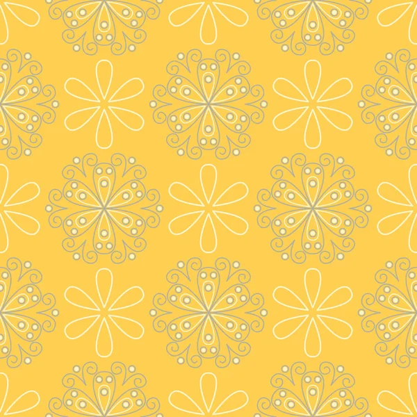 花の背景 テキスタイル ファブリックの黄色のグレーと白のシームレスなパターン — ストックベクタ