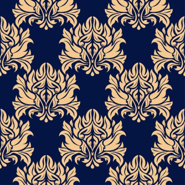 Altın mavi çiçek süsleme. Tekstil ve duvar kağıtları için seamless modeli