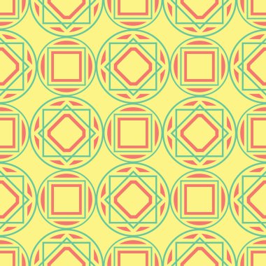 Geometrik şekilli elemanları ile sorunsuz arka plan. Parlak sarı arka plan duvar kağıtları, Tekstil ve kumaş için pembe ve yeşil tasarım ile