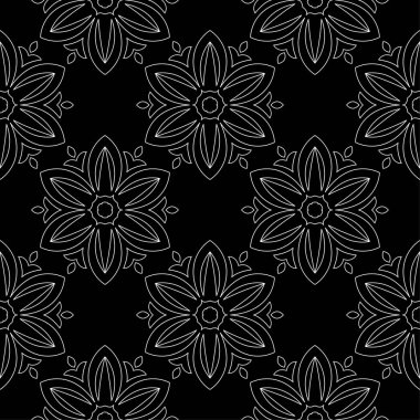 Siyah arka plan üzerine beyaz çiçekler. Tekstil ve duvar kağıtları için süs seamless modeli
