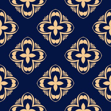 Koyu mavi zemin üzerine altın çiçek süsleme. Tekstil ve duvar kağıtları için seamless modeli